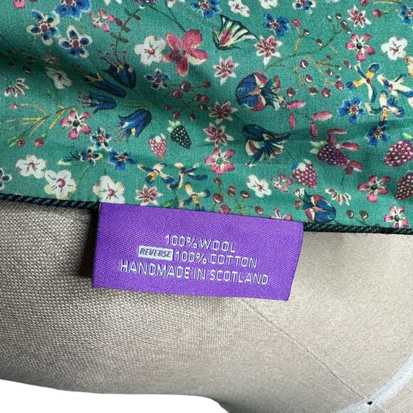 LOULLY MAKES DESIGNS Plaid Floral Wool Cotton Reversible Scarf Blue Green - Picture 6 of 6